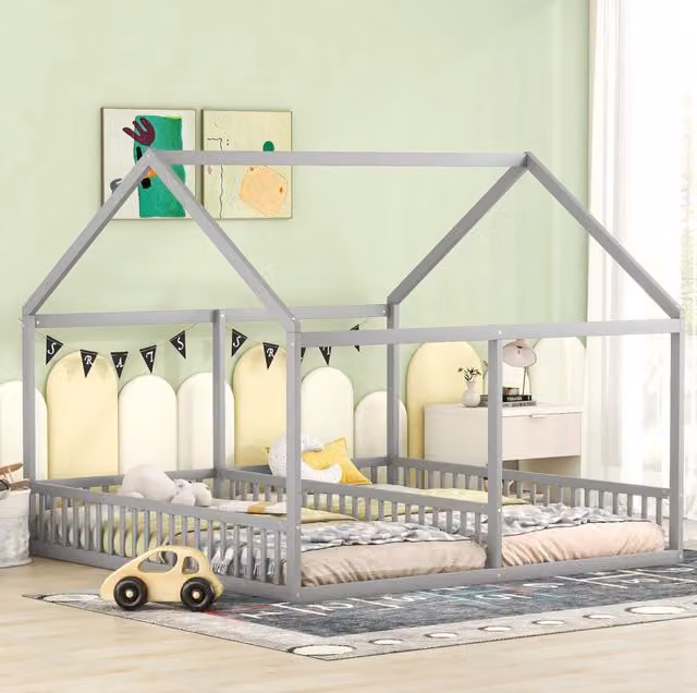 Letto per bambini 2 in 1 90x200 cm a casetta; grigio; in pino e MDF