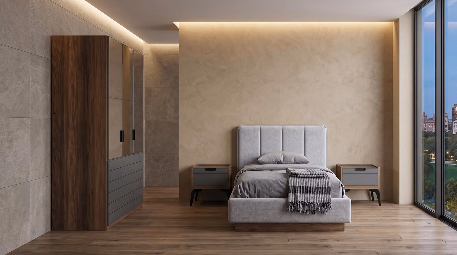 Set completo per camera da letto: letto, due comodini, armadio, colore blu, design moderno