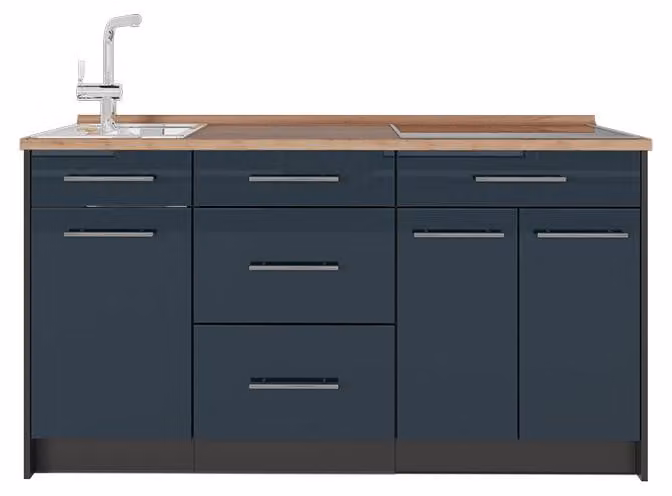 Cucine componibili piccole Vicco Fame-Line Blu scuro lucido 150 cm, PL Rovere, Model 65388