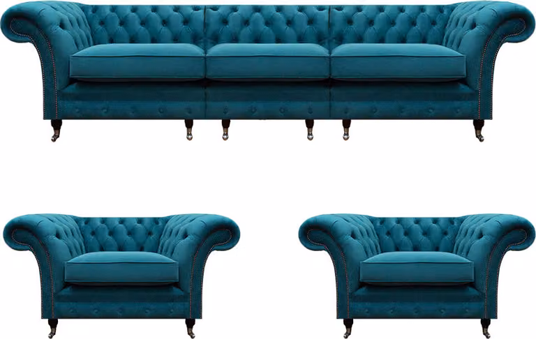 Luxus Blau Designer Komplett Textil Chesterfield Wohnzimmer Polstermöbel