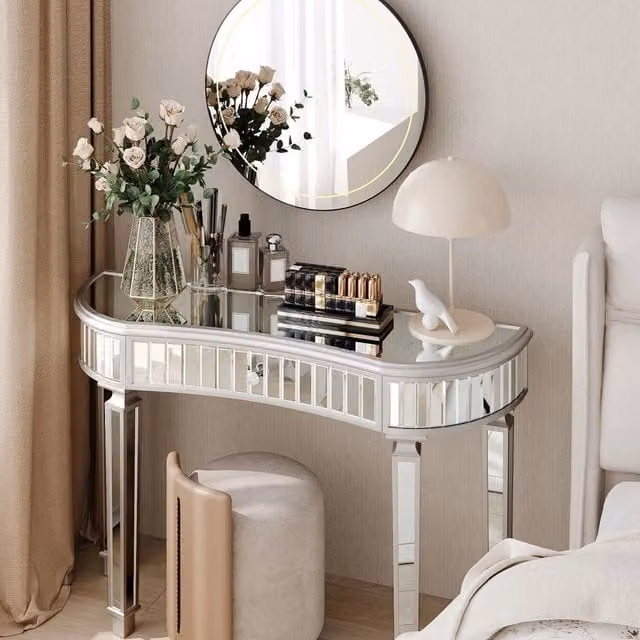 Consolle 120x38x78 cm con cassetto in vetro e MDF grigio e argento
