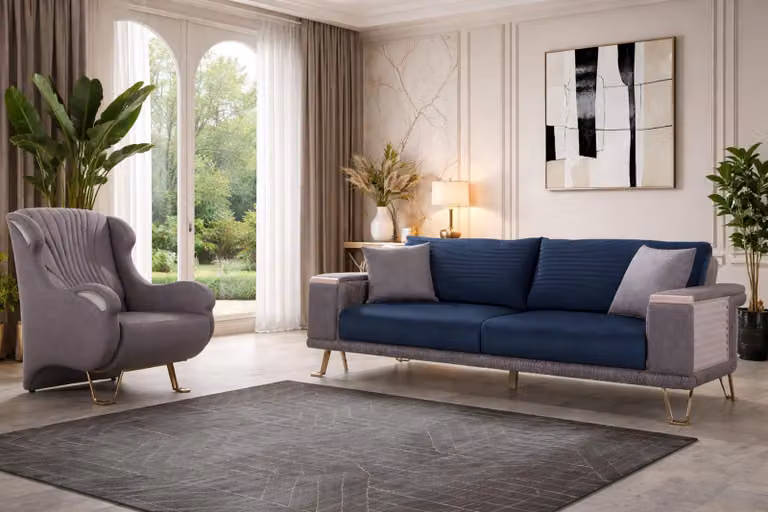Set divani blu e beige, divani imbottiti, eleganti divani e poltrone da salotto