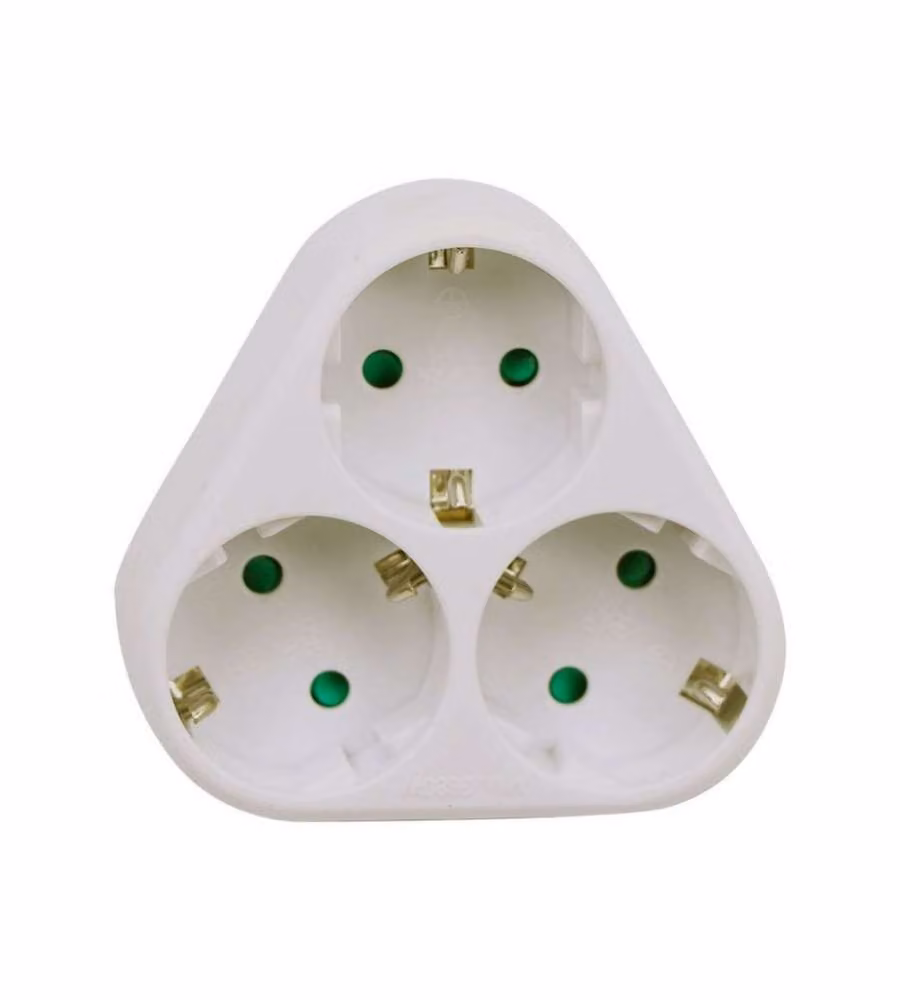 Adattatore Multipresa con 3 Prese Frontali Disposte a Piramide 10A 2P + Shuko con Spina Shuko Colore Bianco