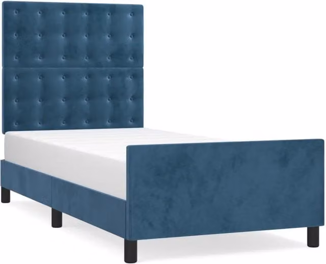 Letto singolo per adulti in velluto blu con struttura in legno di larice e doghe fisse L/P/H: 190 x 90 x 128 cm