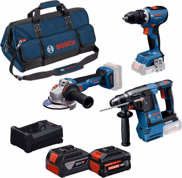 KIT COMBO 3 UTENSILI: GSR 18V-65 + GBH 18V-26 + GWS 18V-11 + batterie GBA 18V 5,0 + 1x EXBA 18V 5,5Ah + caricabatterie GAL 12V/18V