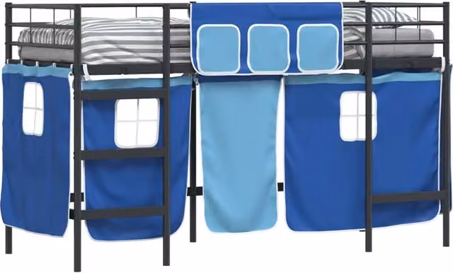 Letto Loft Singolo per Bambini in Metallo con Scala e Tendine in Tessuto, Nero e Blu, L/P/H: 194 x 80 x 151 cm – 1