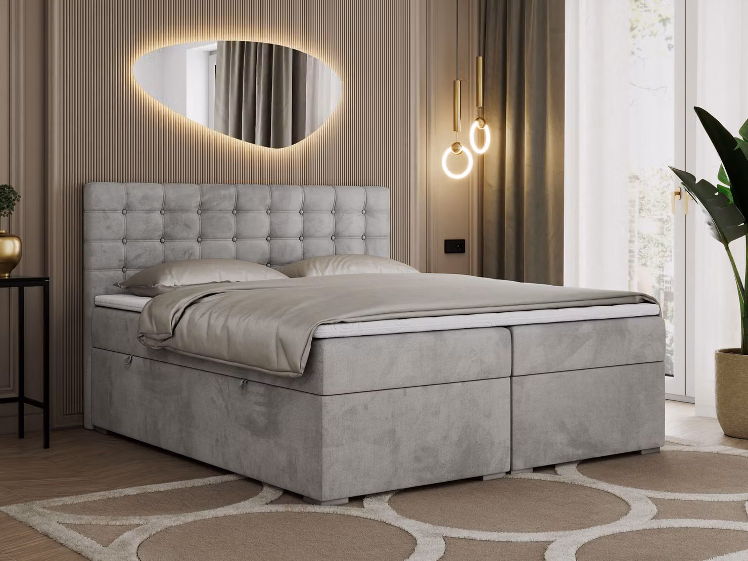 Letto con boxspring 180x200 con contenitore, letto 180x200 con materasso e topper - SUSAN - 180x200 - Grigio chiaro - Velluto - Altezza 40 cm