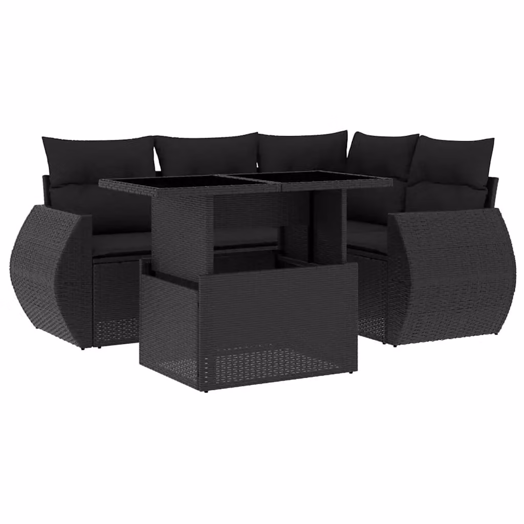 vidaXL Set Divani da Giardino 5 pz a Forma a L in Polyrattan Nero con Cuscini e Tavolino – 2