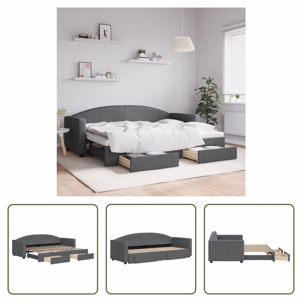 The Living Store Letto da giorno allungabile con cassetti grigio scuro 80x200 cm tessuto