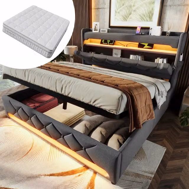 Letto matrimoniale 180x200 cm in lino grigio con contenitore idraulico; LED; USB e materasso