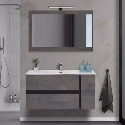Mobile bagno sospeso INBAGNO effetto pietra grigio con armadietto specchio stile industrial L: 110 cm, P: 48 cm, H: 57,5 cm