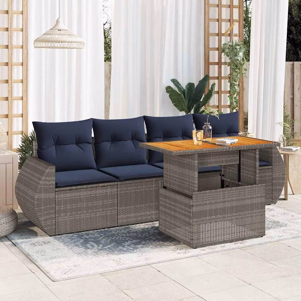 Set Divano da Giardino vidaXL 5 pz a L con Cuscini Grigio e Blu in Polyrattan e Legno di Acacia