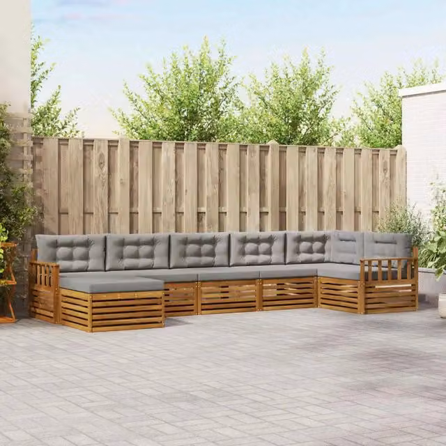 Set di divani da esterno 7 pezzi vidaXL in legno di acacia con cuscini grigi e design moderno a forma di L
