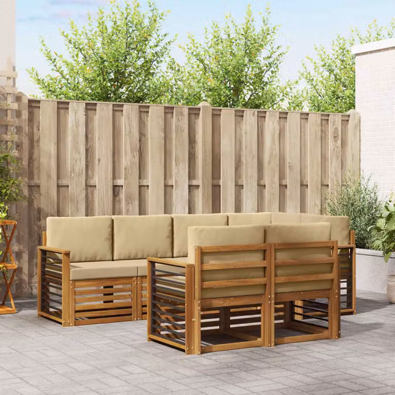 Set di divani da esterno vidaXL 7 pezzi a forma di L in legno di acacia con cuscini beige e bianco in poliestere resistente ai raggi UV