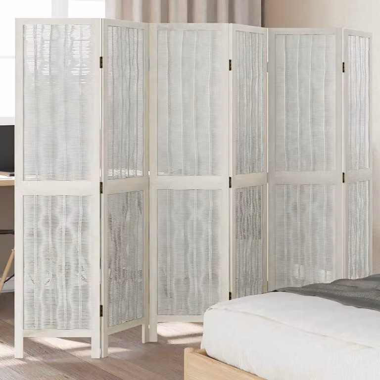 vidaXL Divisorio Ambienti 6 Pannelli in Legno e Rattan Bianco H: 210 cm, L: 160 cm, P: 1,6 cm