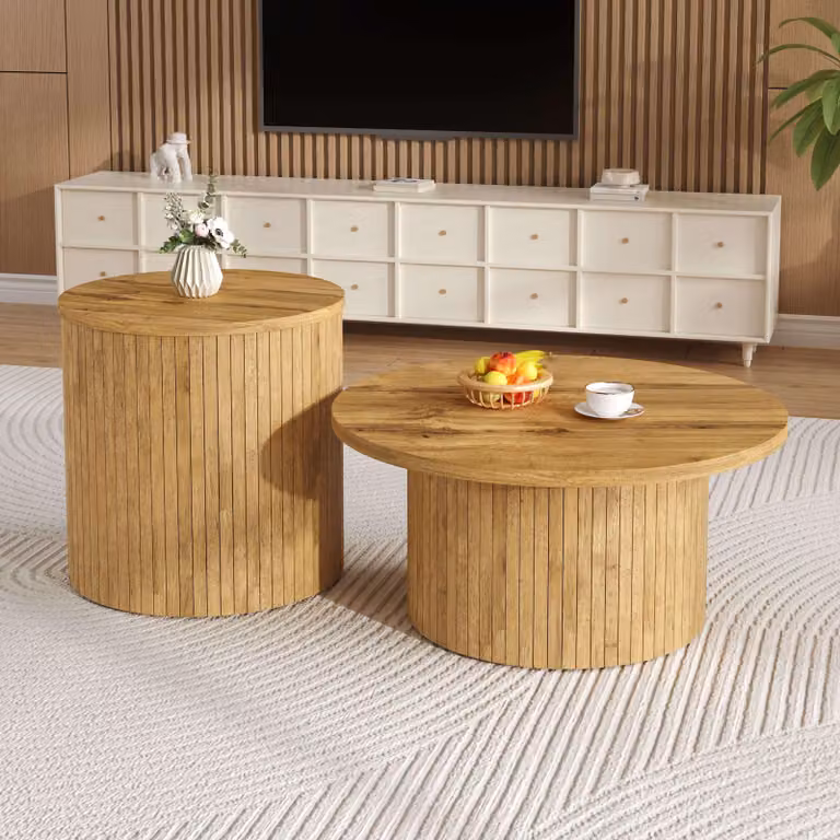 Set di 2 tavolini rotondi Merax in MDF, tavolini doppi con doghe in legno naturale, design nordico, combinabili in modo flessibile, finitura naturale