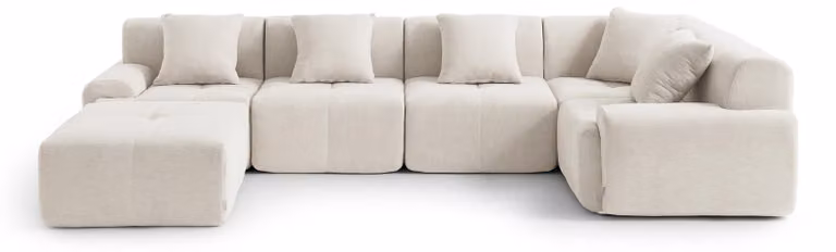 DIVANO ANGOLARE MODULARE MILYSOFA SOFAMOUS, 5 posti, con chaise longue, rivestito in tessuto di chenille color avorio