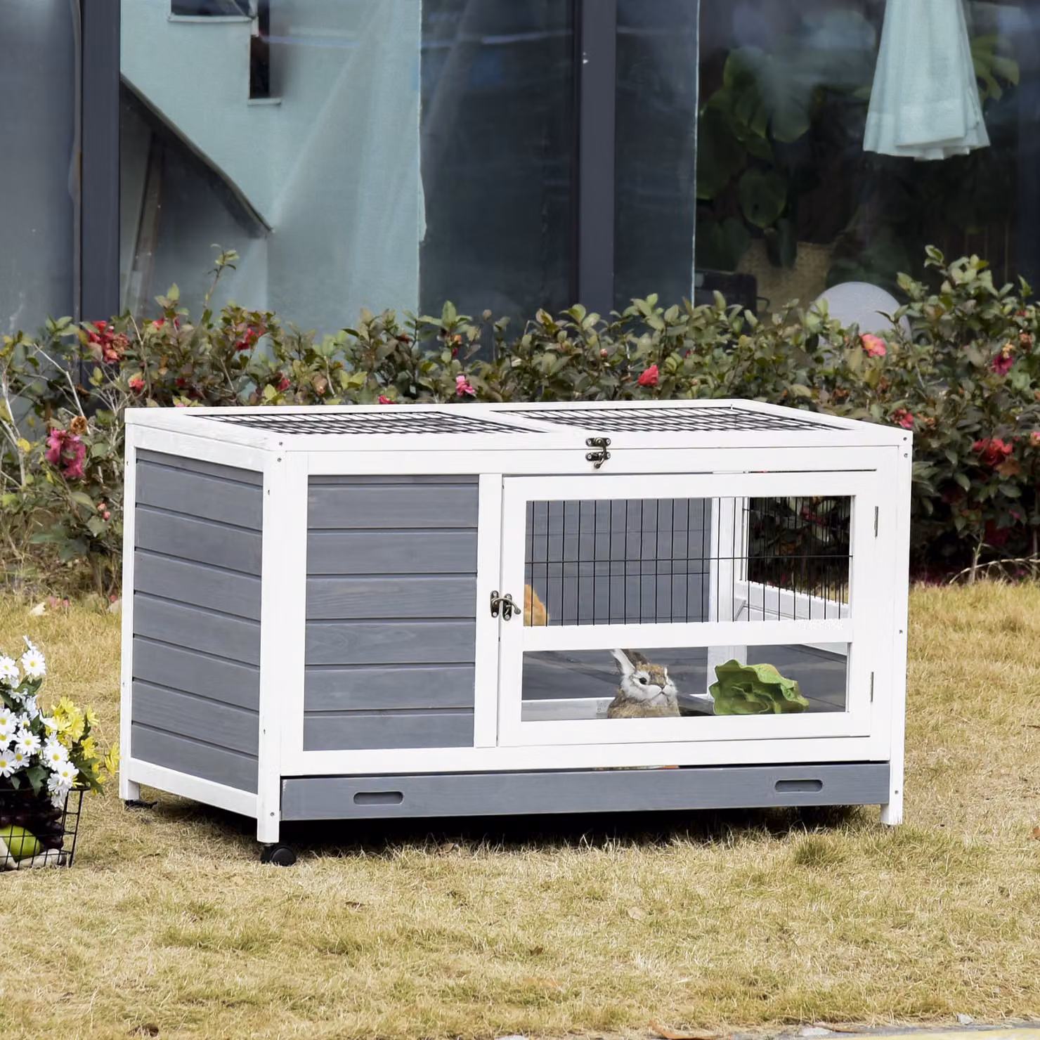 Gabbia per conigli in legno PawHut con vassoio scorrevole e coperchio apribile, colore grigio – 2