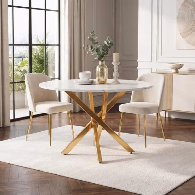 Tavolo rotondo WISHDOR con finitura effetto marmo bianco e gambe in metallo oro, design moderno L: 80 cm, P: 80 cm, H: 75 cm