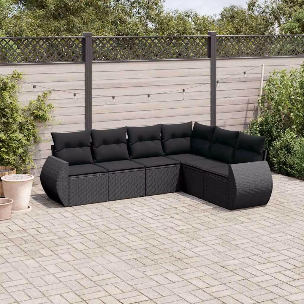 Set Divano da Giardino vidaXL 6 pz a Forma a L con Cuscini Neri in Polyrattan e Acciaio – 1