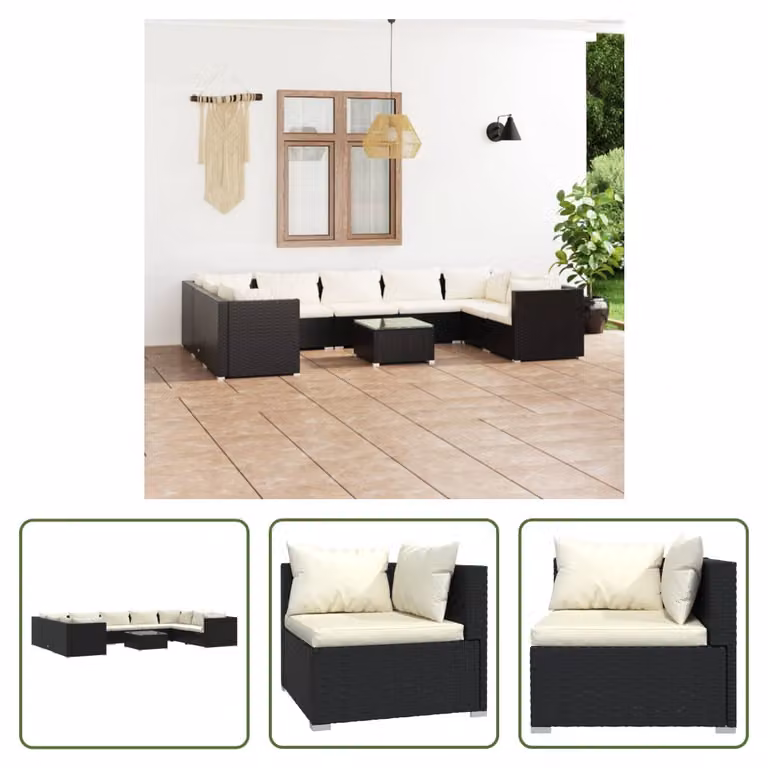 The Living Store Set da giardino da 10 pezzi con cuscini in poly rattan nero