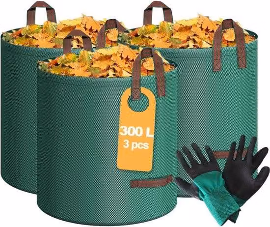 3 sacchi da giardino resistenti da 300 litri, riutilizzabili, per la falciatura del prato e i lavori di giardinaggio