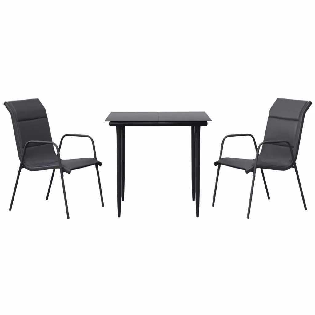 Set da pranzo da giardino moderno vidaXL in acciaio verniciato nero e vetro, composto da 3 pezzi – 2