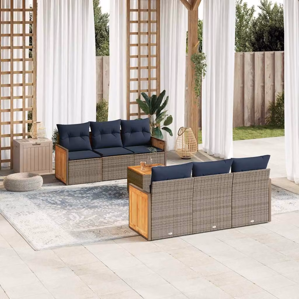 Set da giardino vidaXL in polyrattan grigio composto da 7 pezzi con cuscini inclusi e tavolino da esterno