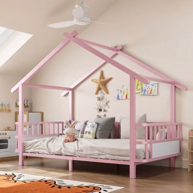 Letto per bambini a forma di casetta in metallo rosa; 90 x 200 cm; con sponde di sicurezza