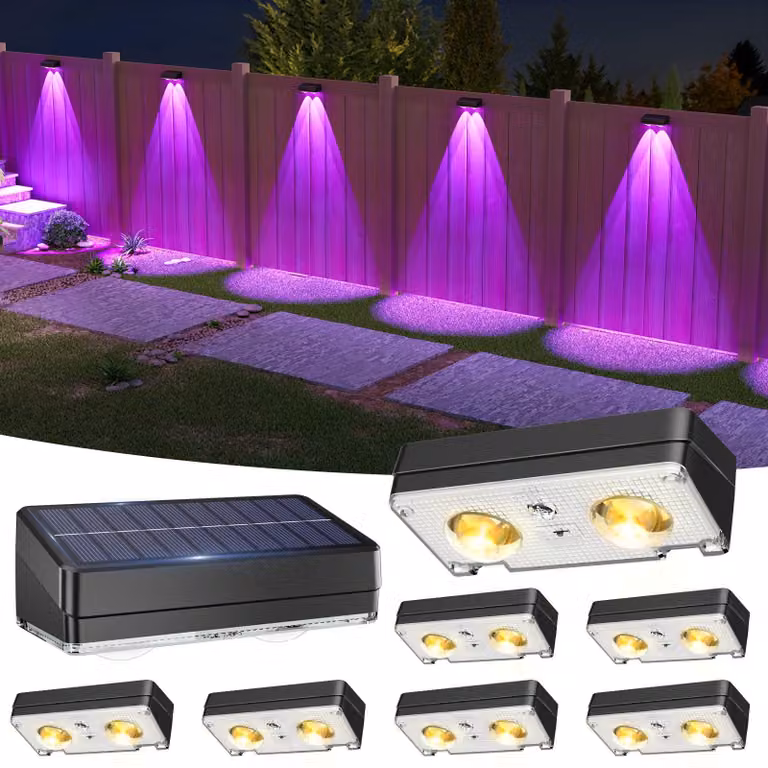 Set di 8 luci solari per recinzioni, 50 lumen, RGB, colore nero