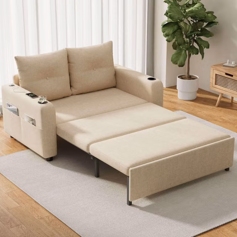 Divano letto Merax 3 in 1 con cassettone, funzione letto, divano letto matrimoniale con cuscini, USB e portabicchieri, divano letto per piccoli appartamenti, beige
