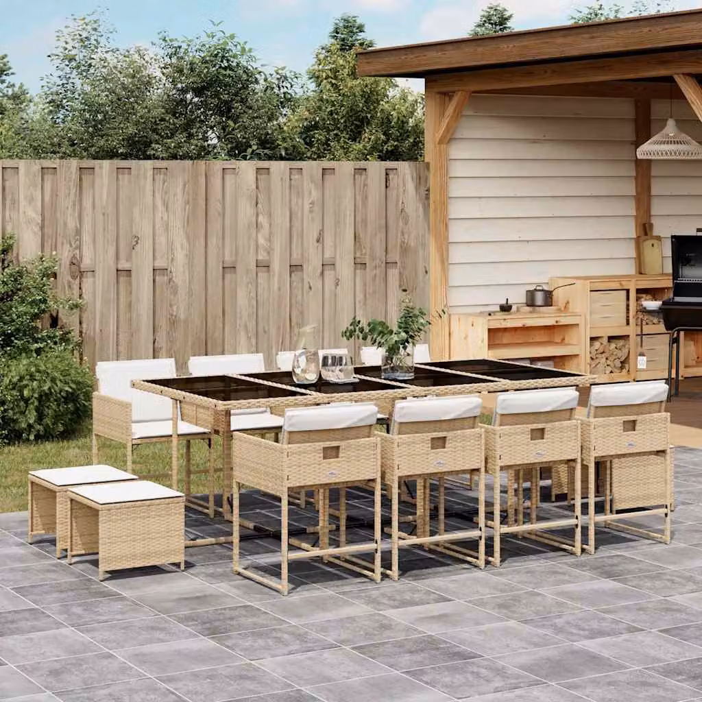 vidaXL Set da Pranzo da Giardino 13 pz in Polyrattan con Cuscini Beige e Piano in Vetro – 1