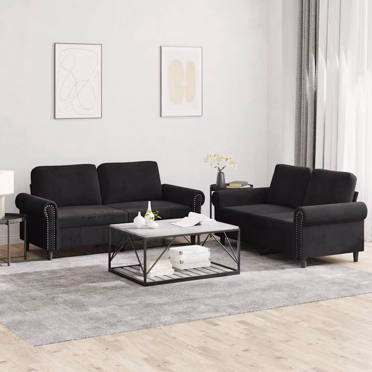 Set di 2 Divani Moderni vidaXL in Velluto Nero con Cuscini
