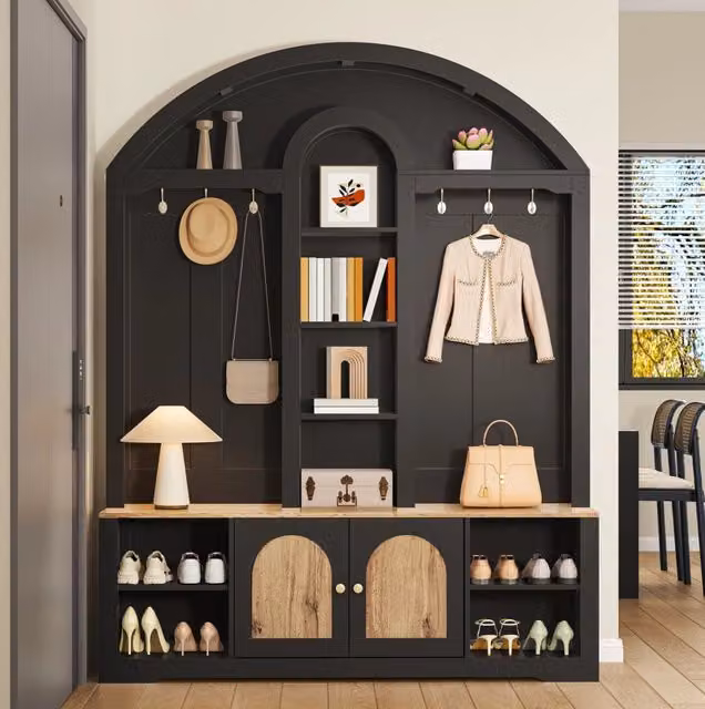 Garderobiera con 3 ripiani aperti; 2 ante e ganci; 150x40x195 cm; MDF; nera