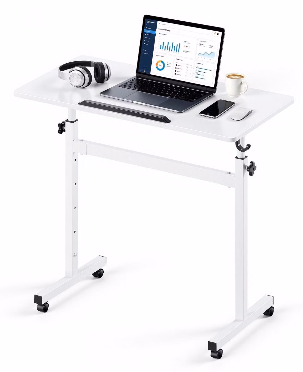 Scrivania regolabile in altezza, supporto mobile per lavorare in piedi, con piano inclinabile a 360°, dimensioni 810 x 410 mm. Piccola postazione di lavoro mobile per computer, con gancio, ruote bloccabili e capacità di carico di 25 kg, ideale per l'uffic