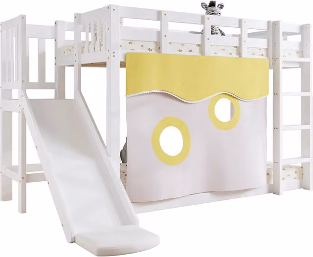 Letto a castello per bambini REDOM in MDF e pino bianco con scivolo e tende L/P/H: 90 x 200 cm – 1