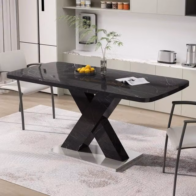 Tavolo da pranzo allungabile rettangolare ¨C Minimal ¨C effetto marmo nero, piano MDF, gambe metalliche, 120-160cm