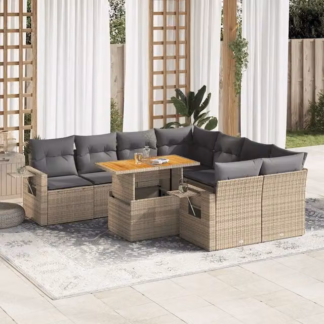 Set Divano da Giardino 9 pz vidaXL in Polyrattan con Cuscini Beige e Tavolino da Esterno