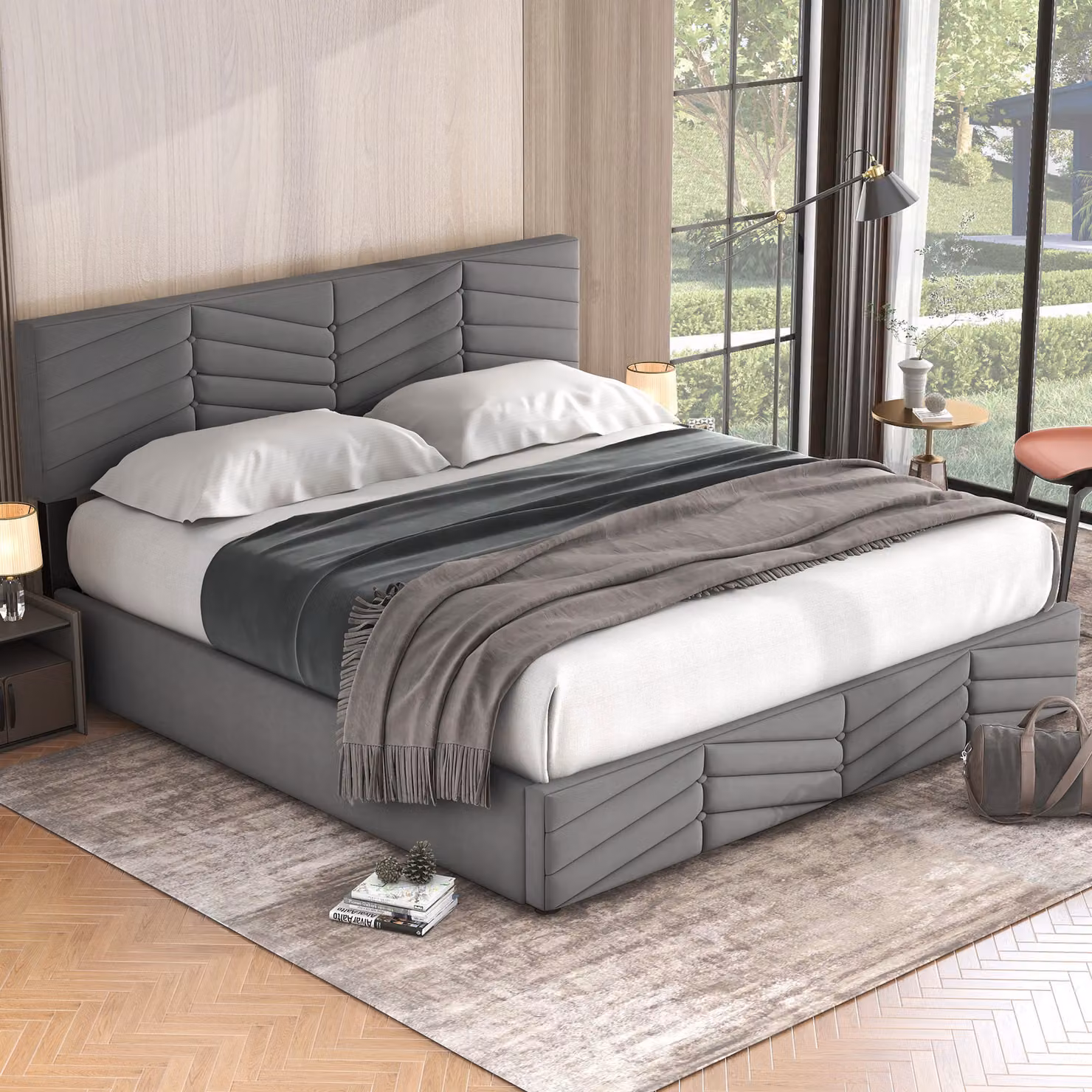 Letto imbottito STILVORA 180×200 cm, letto matrimoniale con contenitore, struttura letto per ragazzi con testiera regolabile in altezza, velluto olandese, grigio (senza materasso)