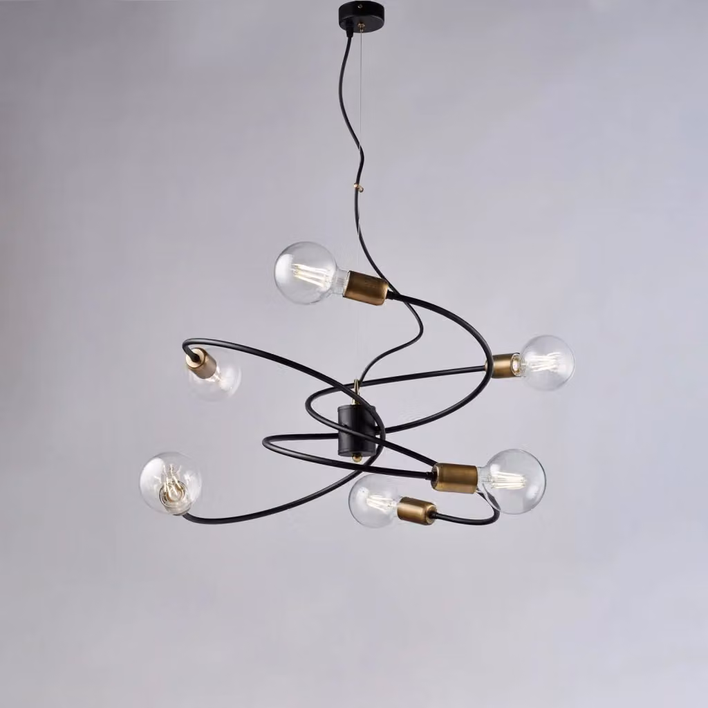 Lampada a sospensione industrial Vortex BELIGHT con 6 luci in metallo nero e ottone con vetro trasparente e altezza regolabile – 2