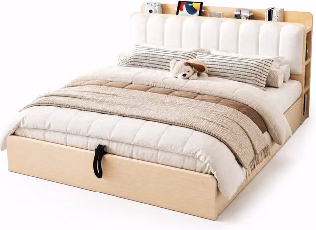 Letto matrimoniale 180x200 cm con contenitore idraulico; testiera USB in legno e MDF; naturale