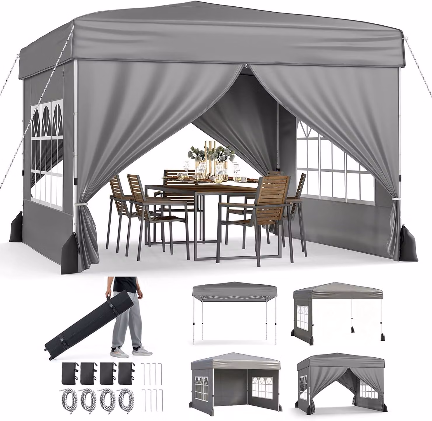KOMFOTTEU, Gazebo pop-up 3x3 metri, impermeabile, con 4 pareti laterali e 4 sacchi di sabbia, gazebo da giardino regolabile in altezza (3 posizioni), con borsa per il trasporto, ideale per spiaggia, matrimoni e campeggio, colore grigio