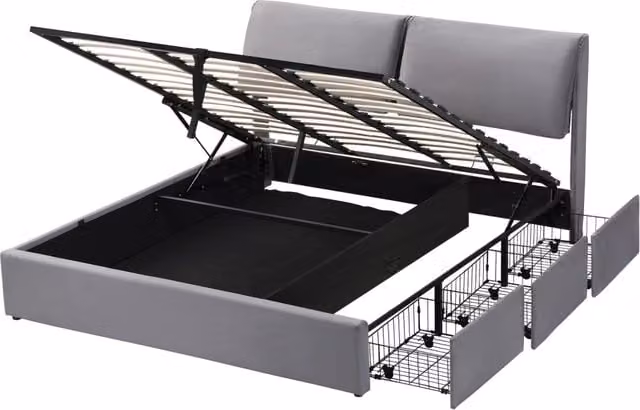 Letto matrimoniale 160x200 cm in velluto; con contenitore idraulico e 3 cassetti; grigio