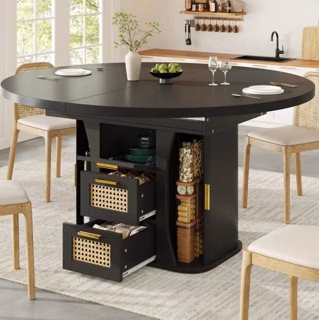 Tavolo da pranzo allungabile 118-158 x 118 cm con cassetti effetto rattan; MDF nero