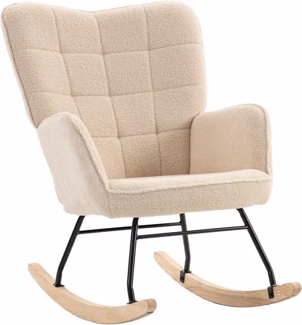 Poltrona a dondolo moderna in tessuto effetto bouclé beige con struttura in acciaio per soggiorno e relax 71 x 98 x 101 cm