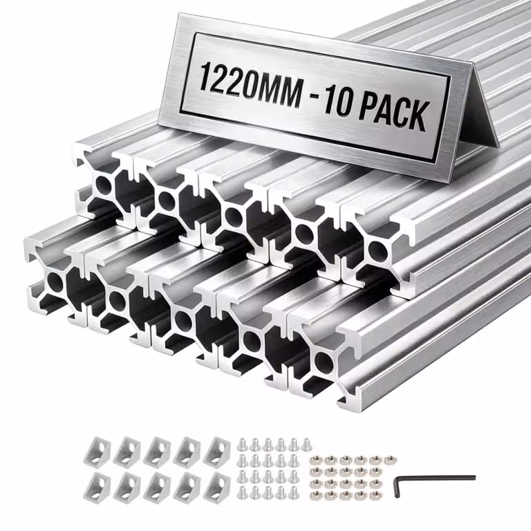 Profilo in alluminio 2020 - Distanziatori a T in alluminio - 10 pezzi - Lunghezza 122 cm - Standard europeo - Profilo estrudato ad alta resistenza - Per montaggio di stampanti 3D, banchi da lavoro CNC - Argento