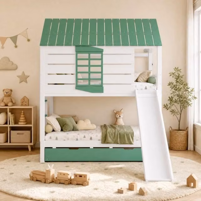 Letto a castello per bambini a forma di casa con scivolo, letto estraibile e cassetti, bianco e verde, L/P/H: 90 x 200 cm