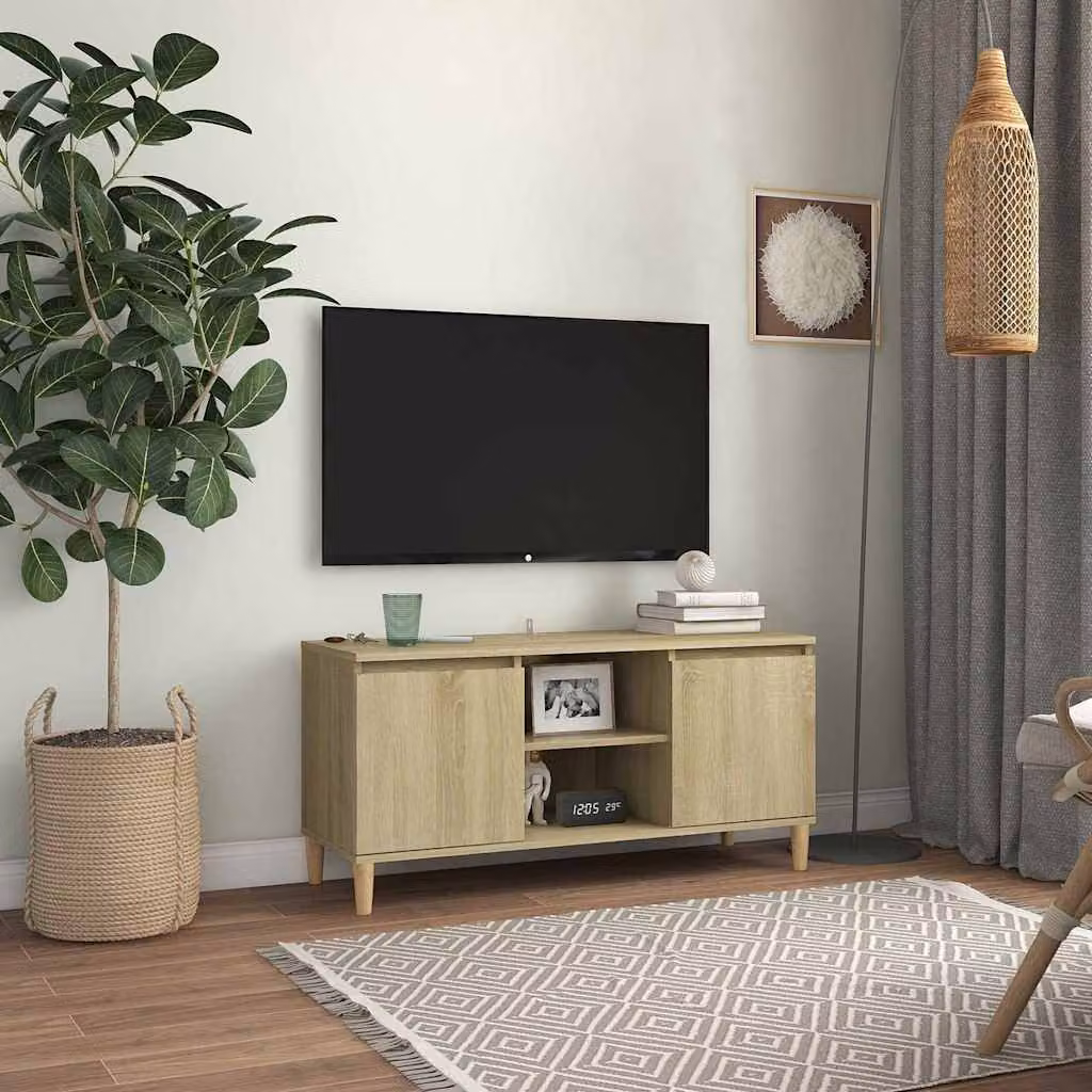 Mobile TV vidaXL in stile scandinavo con gambe in legno, colore marrone e beige, L 103,5 cm x P 35 cm x H 50 cm