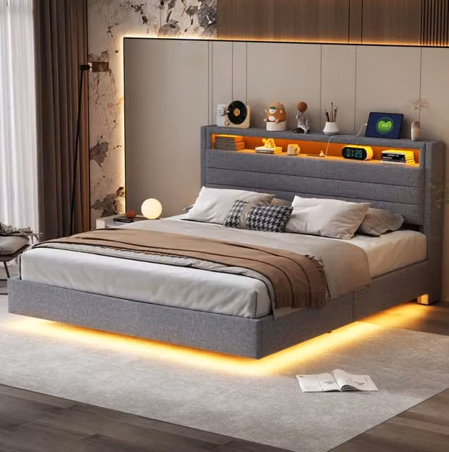Letto matrimoniale 160x200 cm grigio in tessuto con contenitore e LED, senza materasso