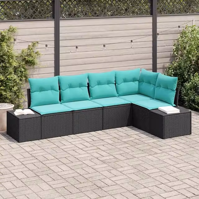 Set Divano da Giardino 5 pz Nero e Turchese polyrattan 3355735